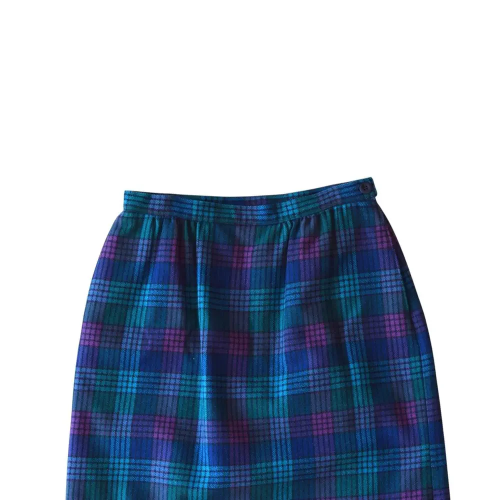 Vintage Plaid Midi Skirt Blue Purple Tartan 25 Waist High Rise